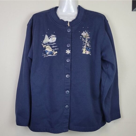 COTTAGE Cove Sweatshirt Button Cardigan Embroidery Winter Blue L - Picture 11 of 11
